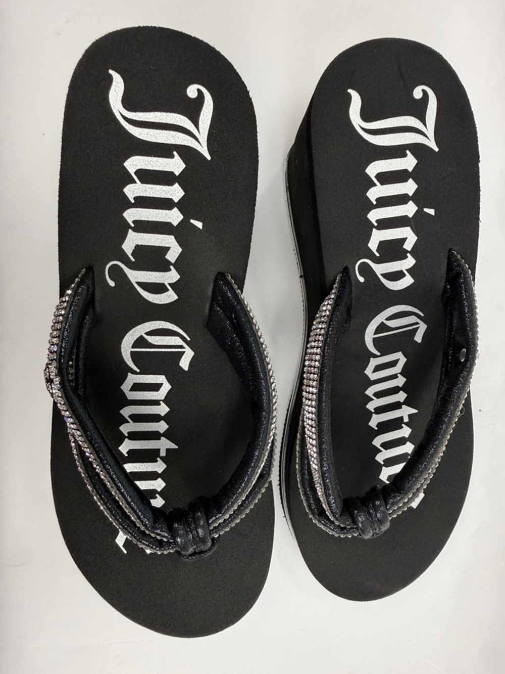 Juicy Couture Black Wedge Pkatform Sandals with Silver Rhinestone Straps Size 6 - Picture 2 of 13